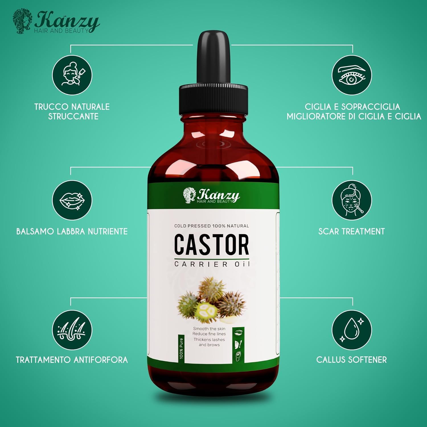 Flacone marrone con contagocce. Etichetta con informazioni sul prodotto. Logo Kanzy. Frecce verso benefici: struccante, balsamo labbra, trattamento forfora.