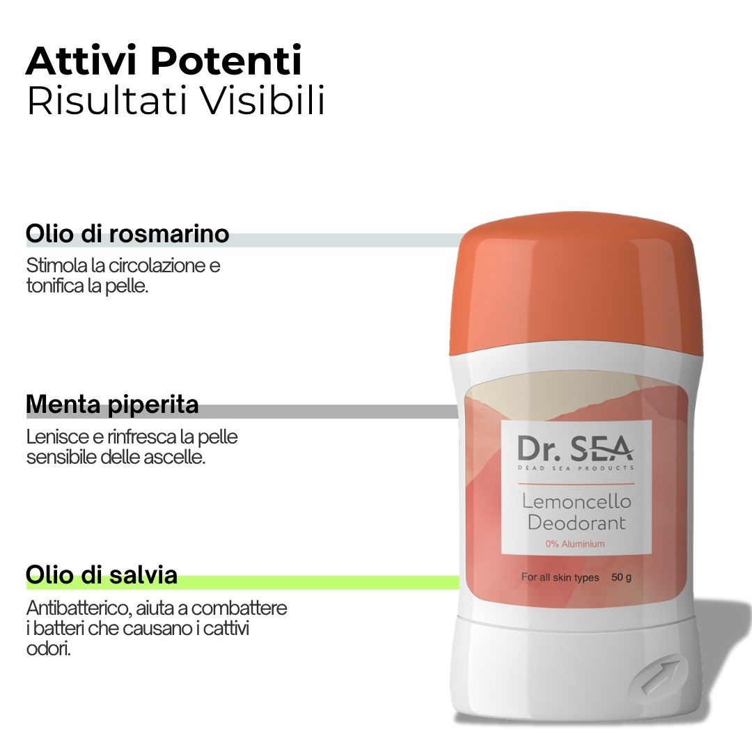 Stick deodorante con testo. Testo: Attivi Potenti, Risultati Visibili. Ingredienti: olio di rosmarino, menta piperita, olio di salvia.