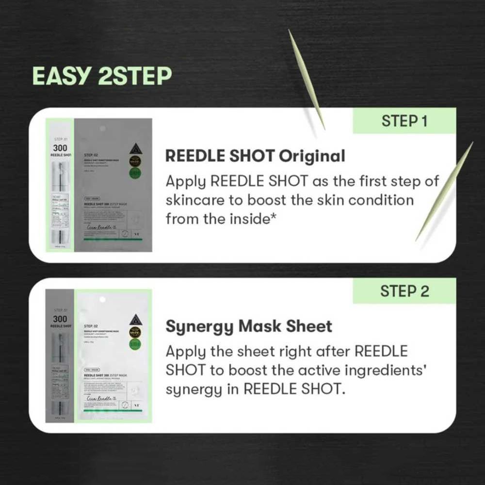 Due fasi: Reedle Shot Original e Synergy Mask Sheet. Confezioni con informazioni sul prodotto e certificazioni verdi.