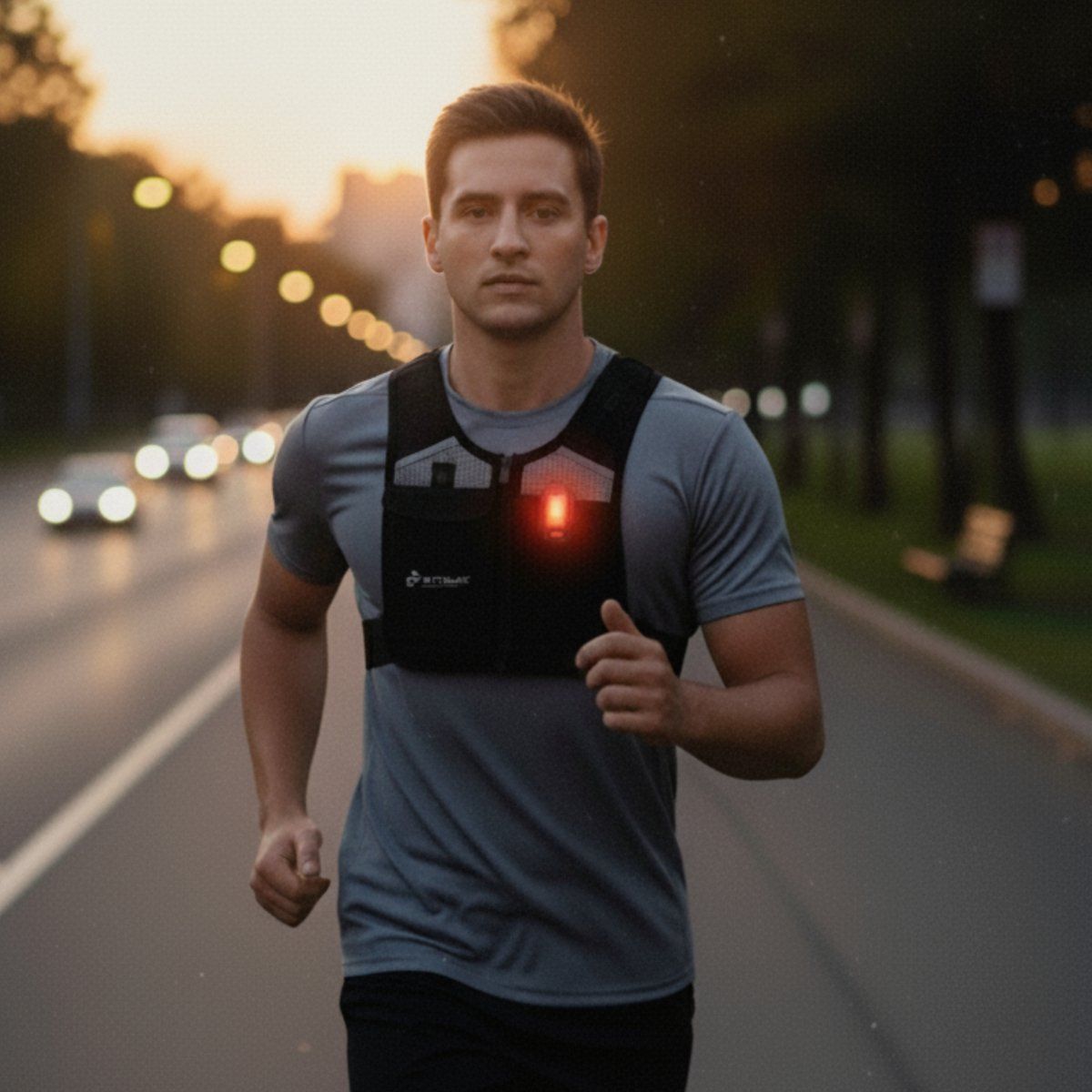 Una persona corre su una strada, indossando un gilet da corsa nero con luce LED rossa. L'ambiente è una città al tramonto.