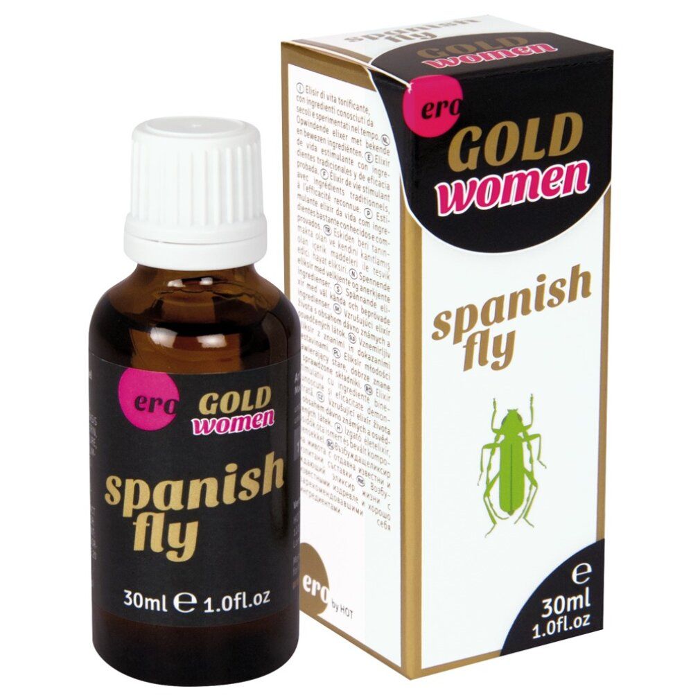 Flacone di vetro marrone e scatola. Scritta: Spanish Fly, Gold Women, 30ml. Con insetto verde.