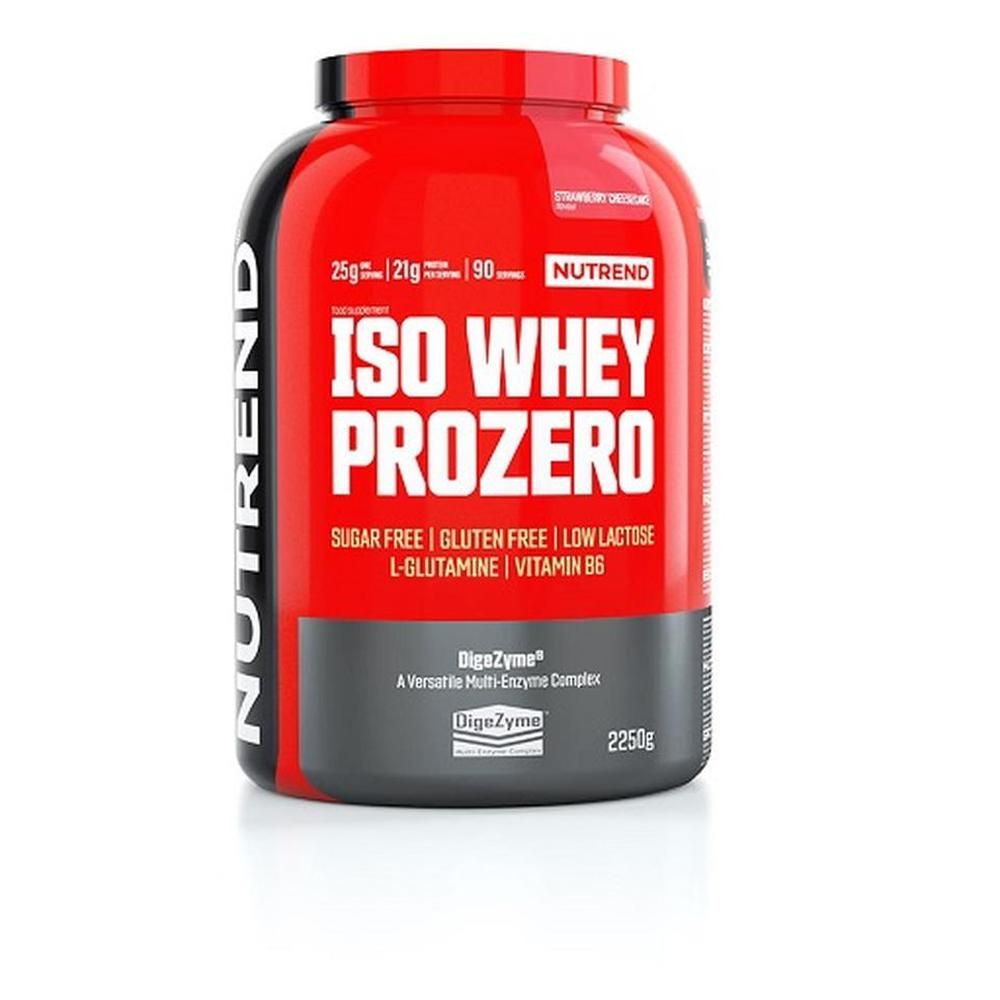 Barattolo Nutrend ISO WHEY PROZERO, 2250g, gusto Strawberry Cheesecake. Senza zuccheri, senza glutine, a basso contenuto di lattosio.