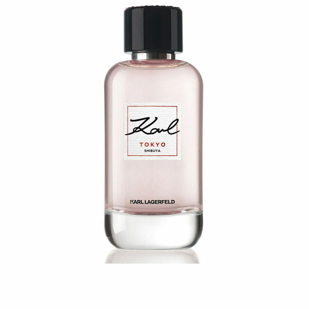 Karl Lagerfeld Kl Tokyo Femme Eau De Parfum Spray. Flacone rosa, tappo nero. Scritta Karl, Tokyo, Shibuya. Base trasparente.