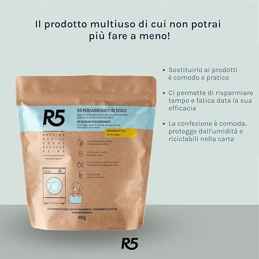 R5 Percarbonato di Sodio Polvere 500 g, Sbiancante, Smacchiante, Ecologico