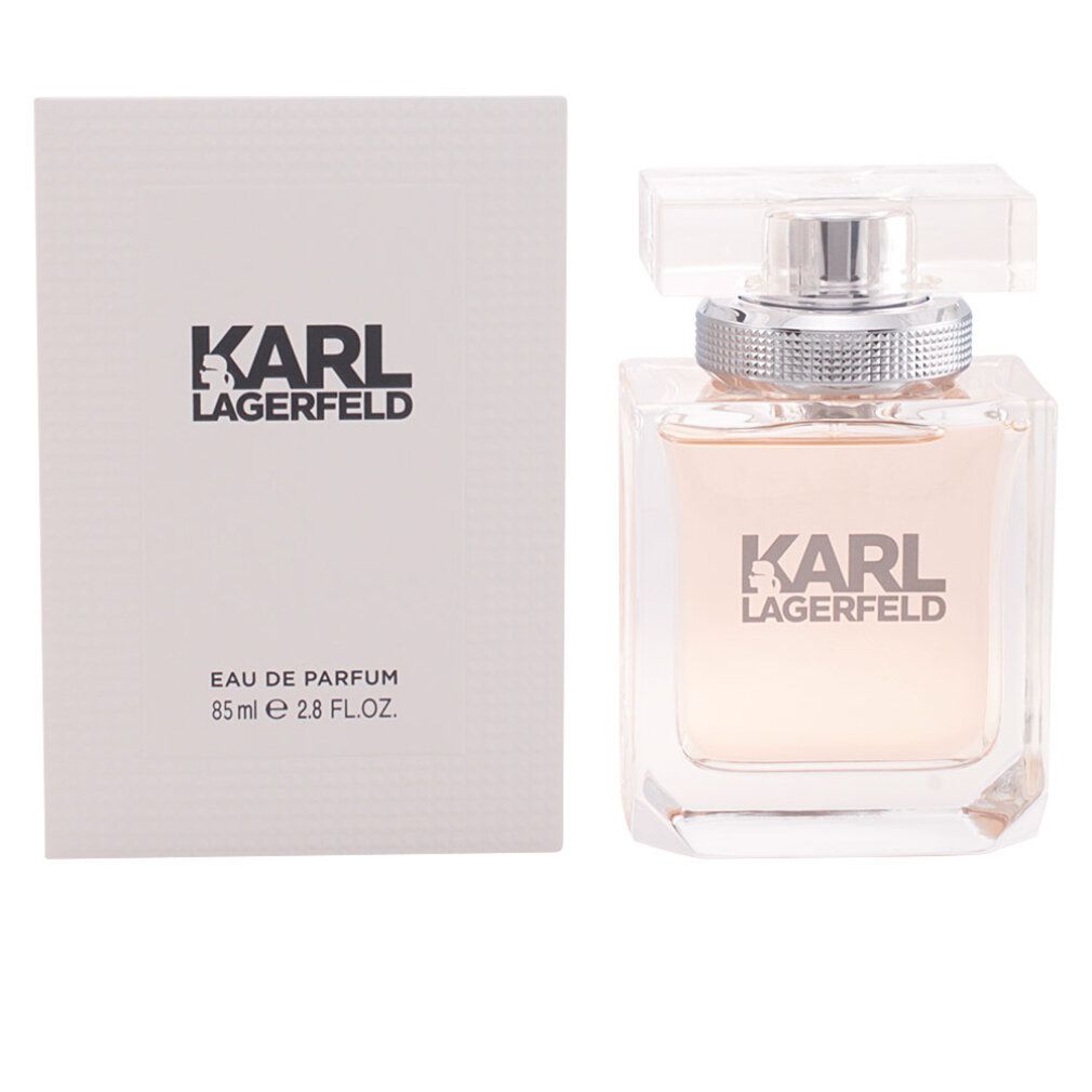 Spray Eau de Parfum e confezione. Flacone quadrato trasparente. Confezione bianca con logo. Testo: KARL LAGERFELD, Eau de Parfum.