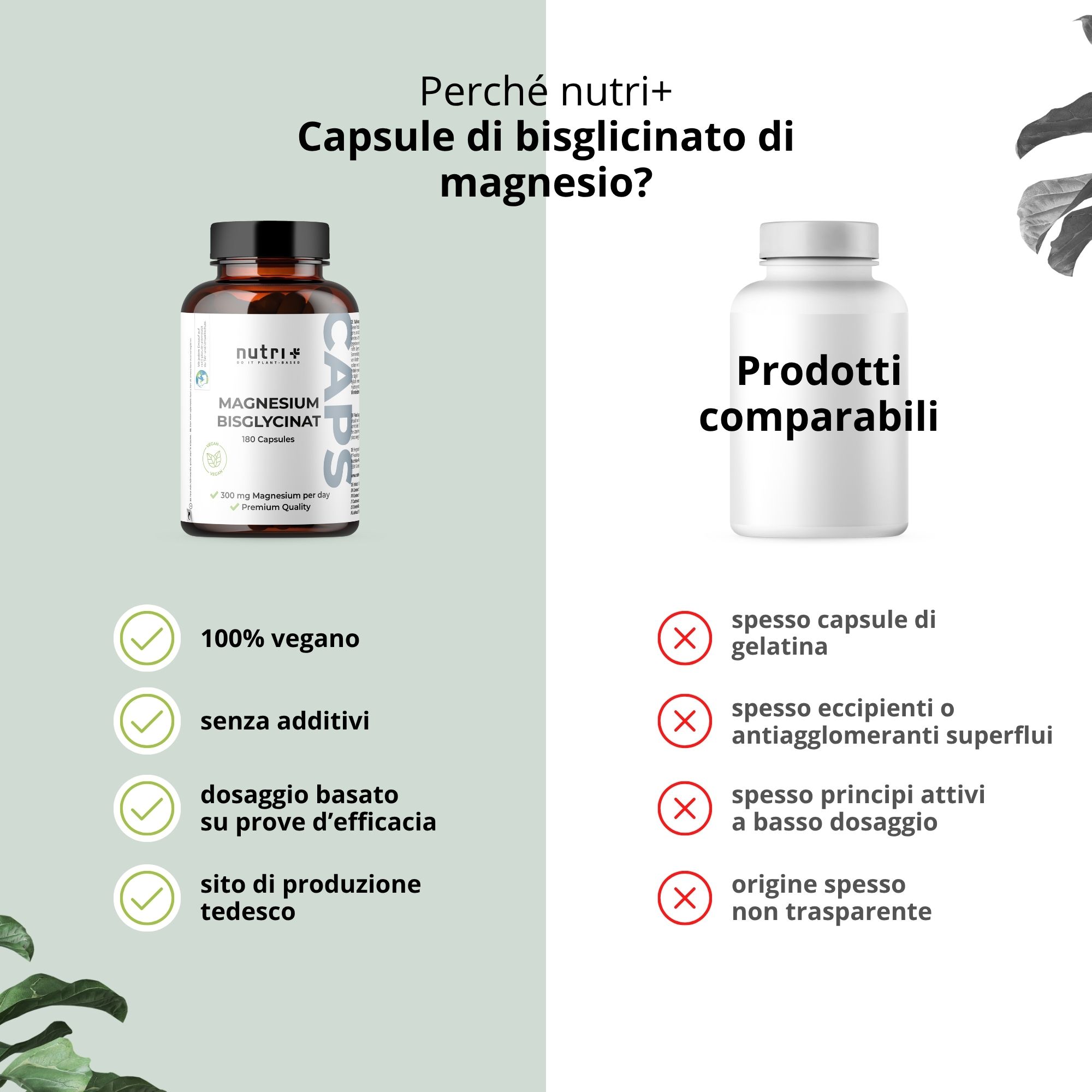 Confronto delle capsule di bisglicinato di magnesio nutri+ con altri prodotti. Vantaggi: 100% vegano, senza additivi, dosaggio basato sull'evidenza, sito di produzione tedesco.