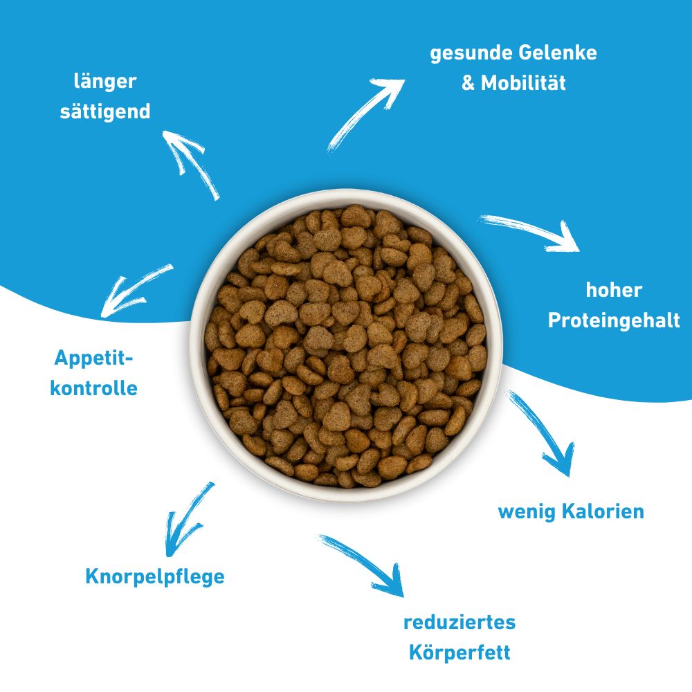 Primo piano di cibo secco in una ciotola. Le frecce puntano a: più a lungo saziante, articolazioni sane, alto contenuto proteico, poche calorie, riduzione del grasso corporeo, cura della cartilagine.