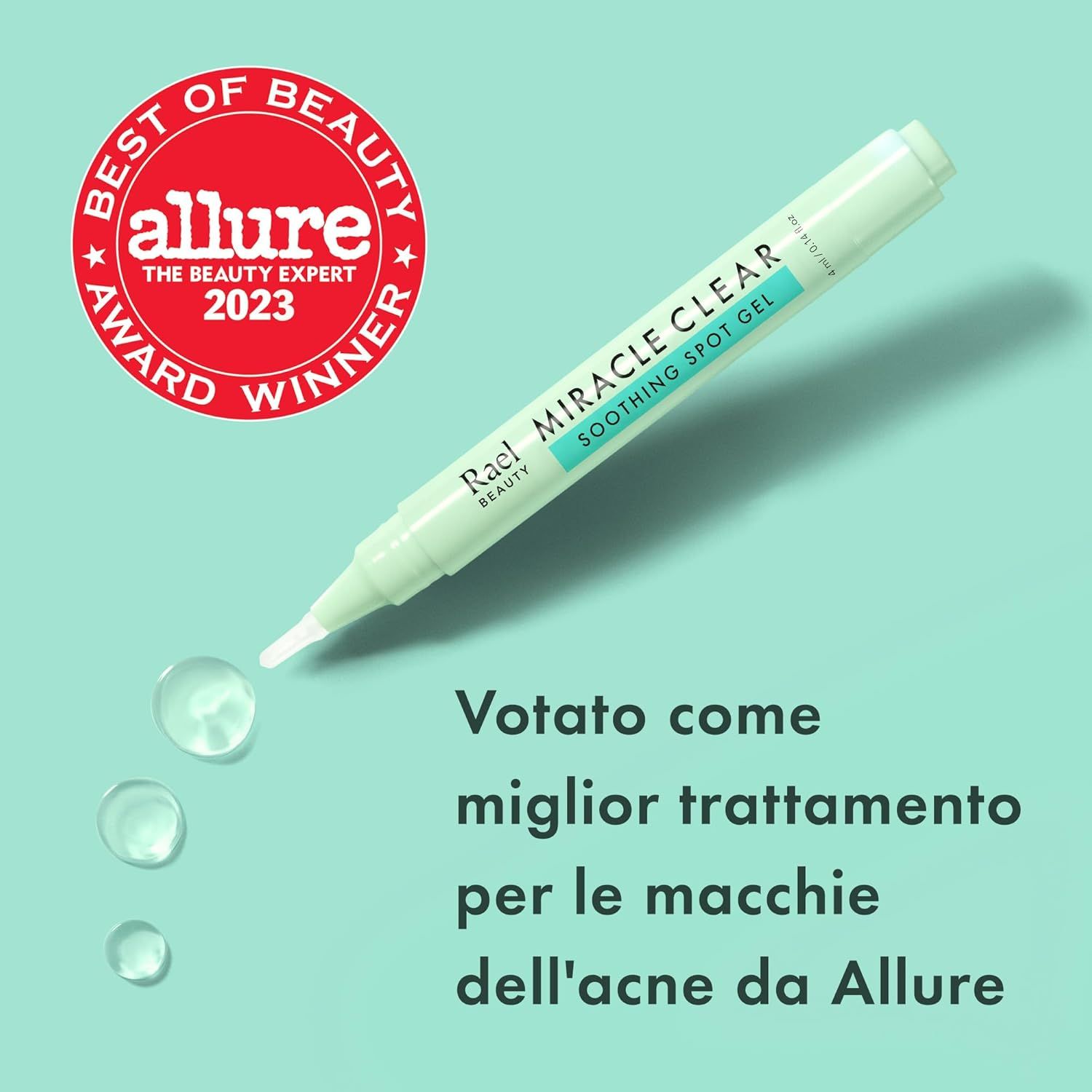 Penna verde con testo: Rael Miracle Clear Soothing Spot Gel. Premio: Allure Best of Beauty 2023. Gocce.
