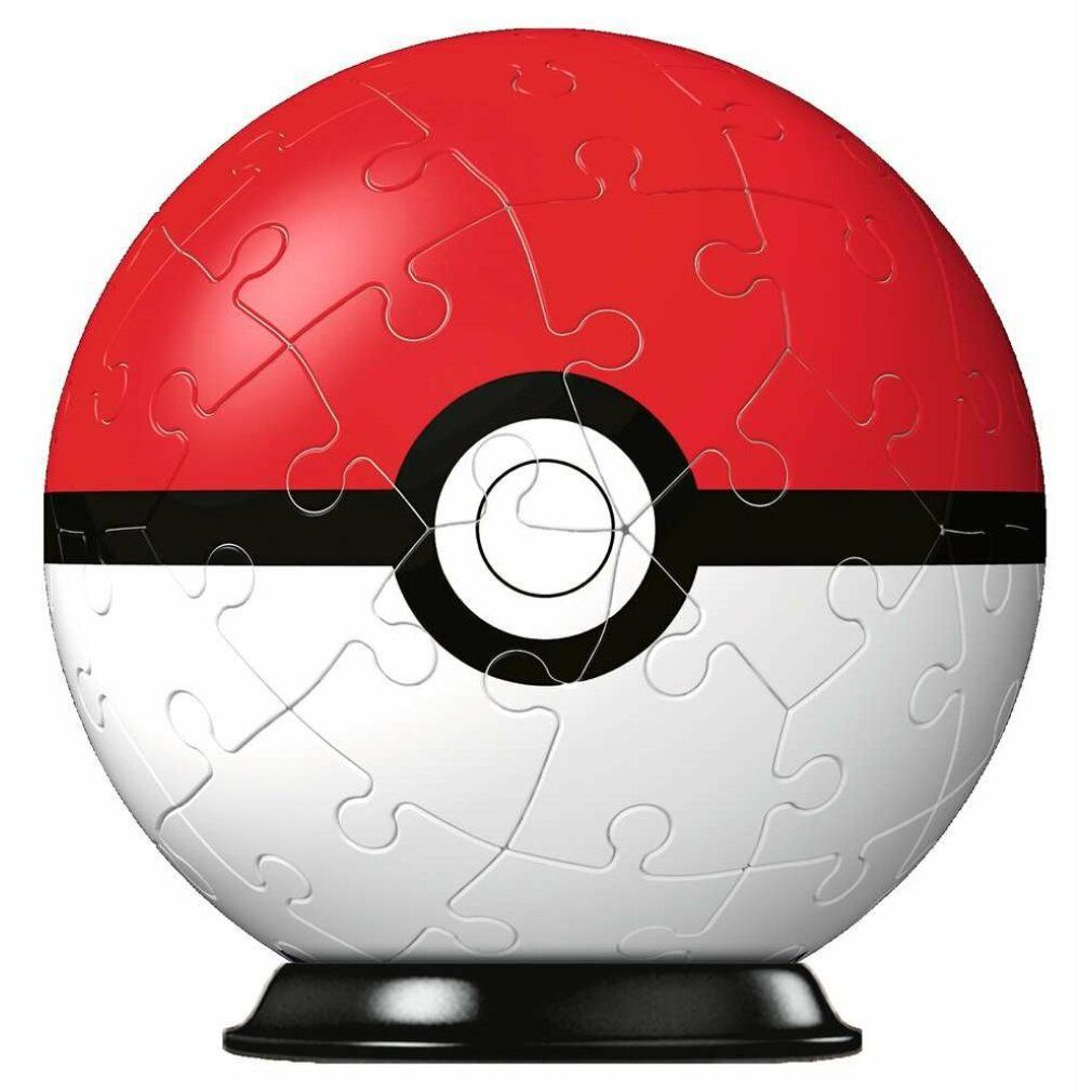 Puzzle-ball Pokéball. Rosso e bianco, con fascia nera e base. I pezzi formano la sfera.
