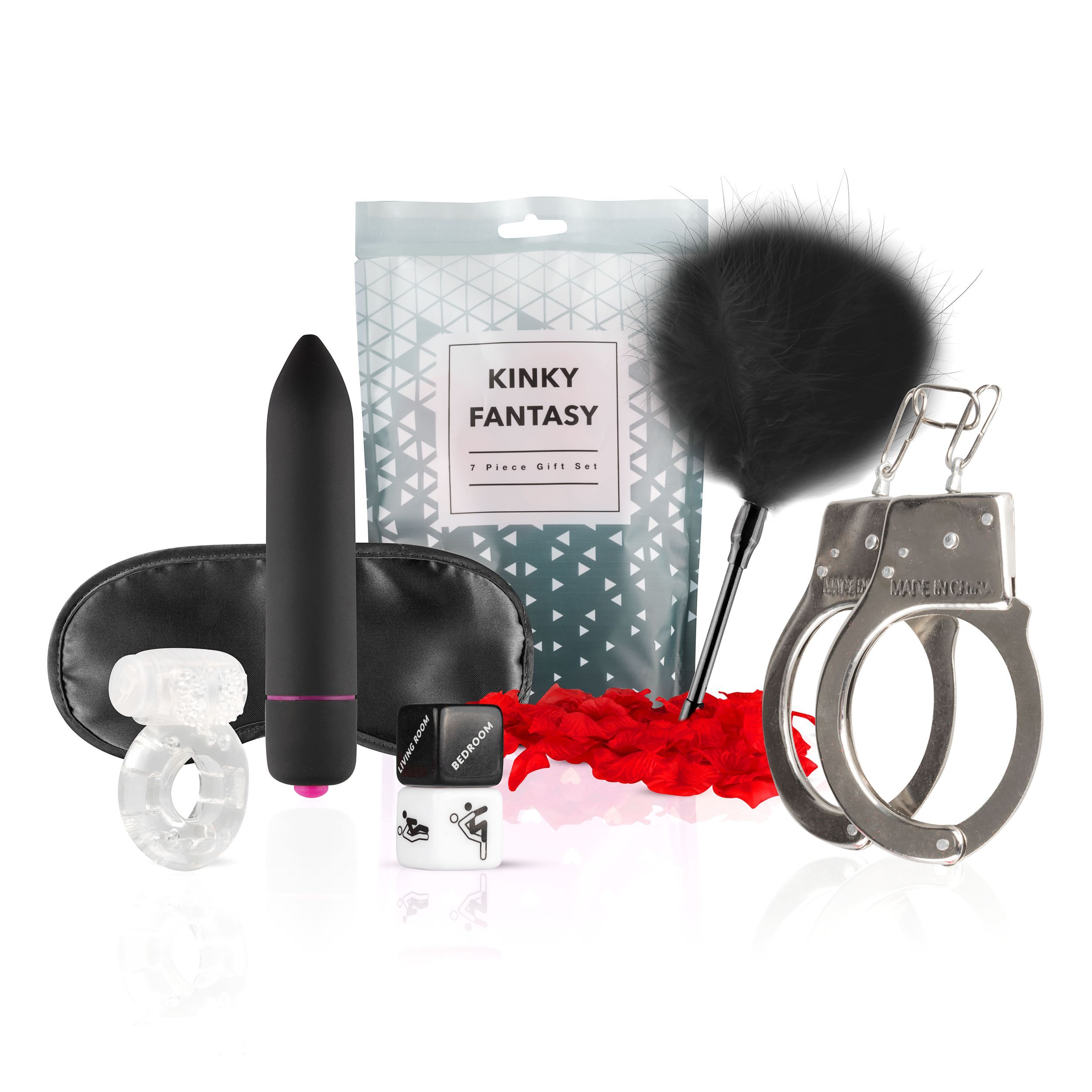 Set con mascherina occhi, vibratore, manette, piumino, anello e sacchetto "Kinky Fantasy".