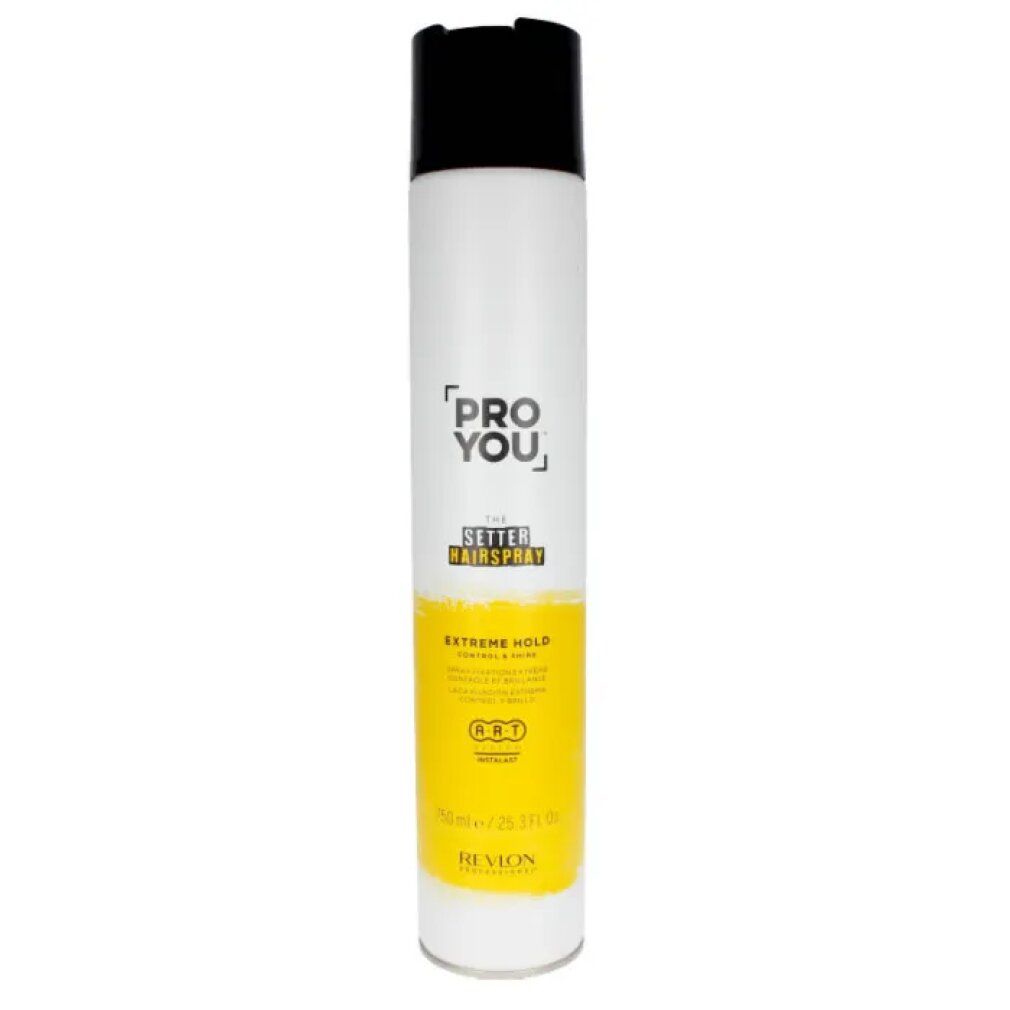 Bomboletta spray bianca e nera. Etichetta gialla con testo: PRO YOU, THE SETTER HAIRSPRAY, EXTREME HOLD. Marchio: Revlon.