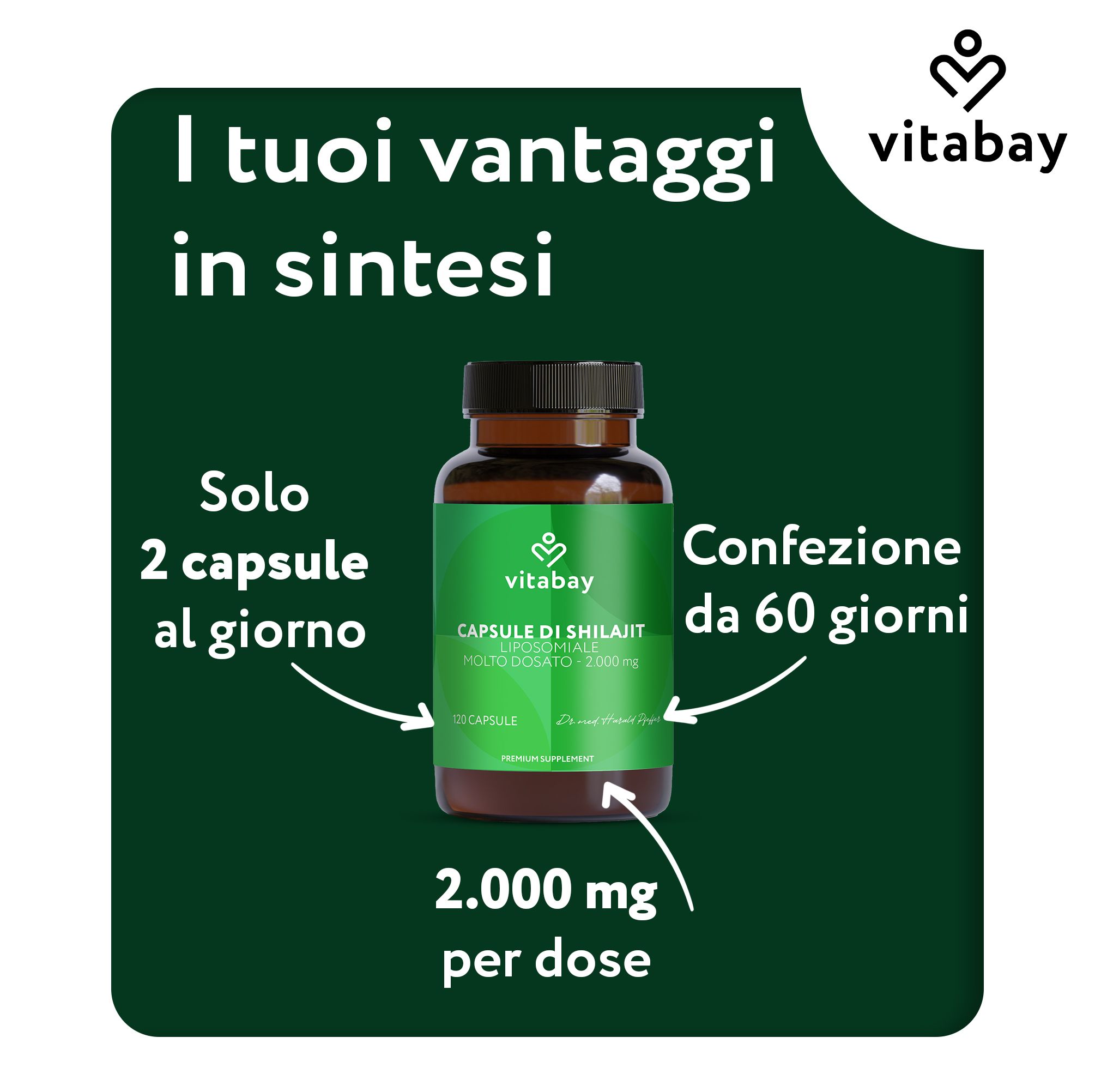 Vitabay Shilajit Capsule: flacone da 60 dosi giornaliere, 2000 mg per dose.