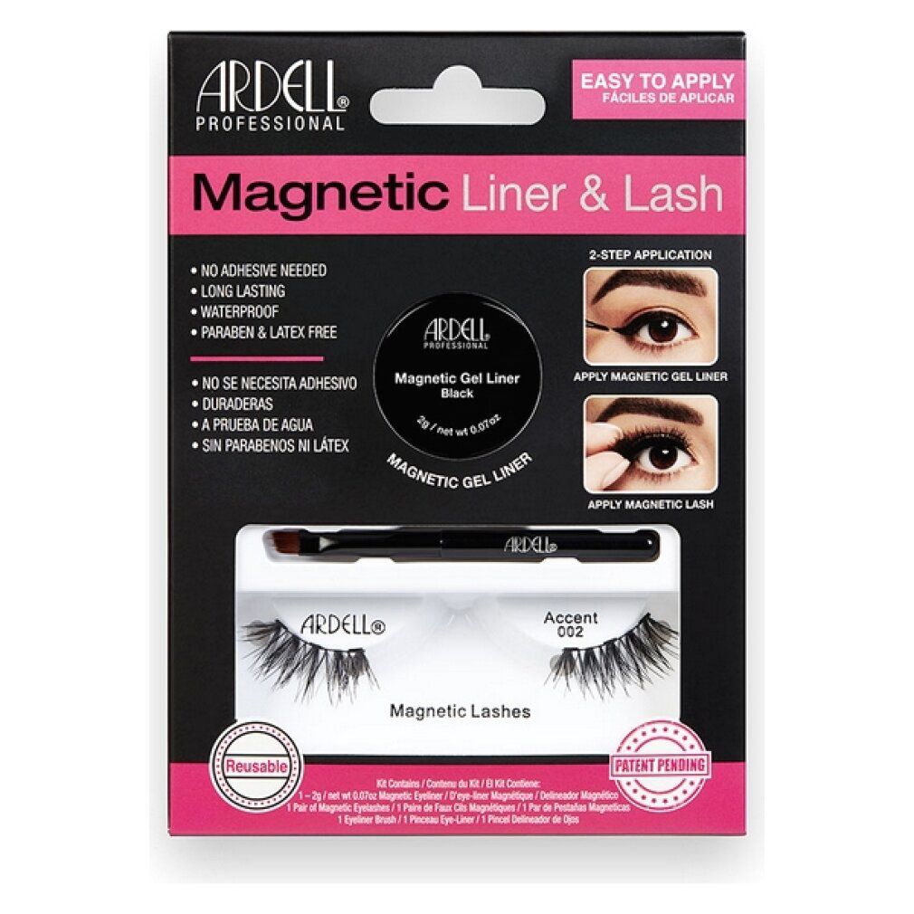 Confezione Ardell Magnetic Liner & Lash. Contiene eyeliner gel magnetico, ciglia e applicatore. Nome del prodotto ed esempi di applicazione.