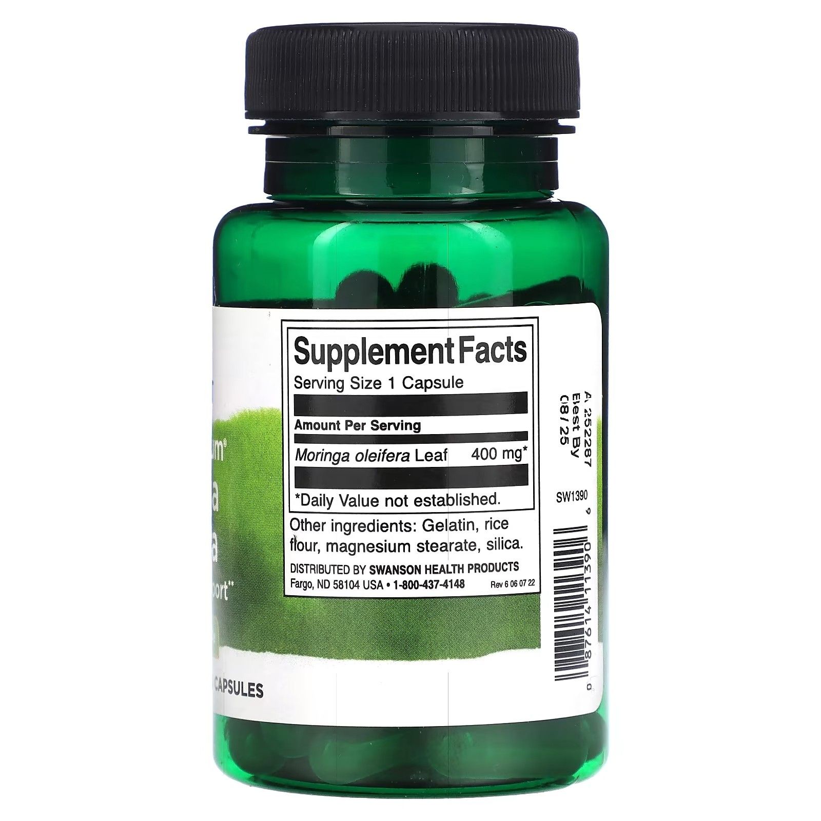 Retro del flacone verde Swanson Moringa Oleifera. Etichetta con informazioni nutrizionali. Contiene Moringa Oleifera foglia 400 mg.