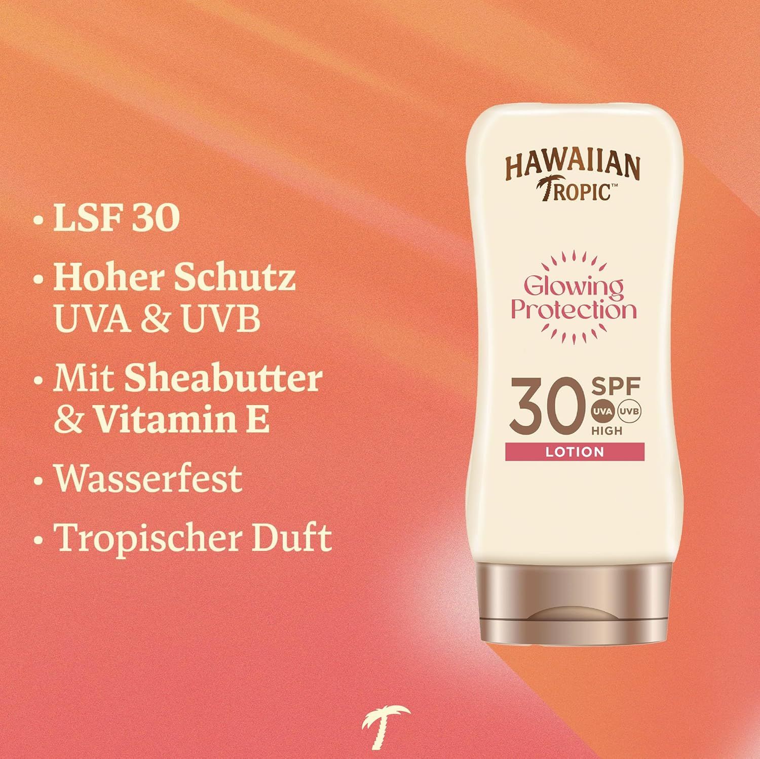 Lozione solare SPF 30. Marchio: Hawaiian Tropic. Scritta: Glowing Protection, Lotion. Testo: Alta protezione UVA & UVB.