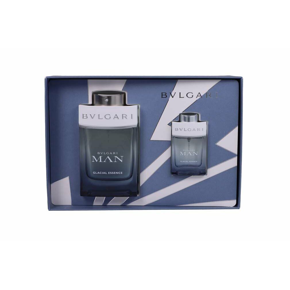 Confezione regalo blu con due flaconi. Scritta "BVLGARI MAN" sulla confezione.
