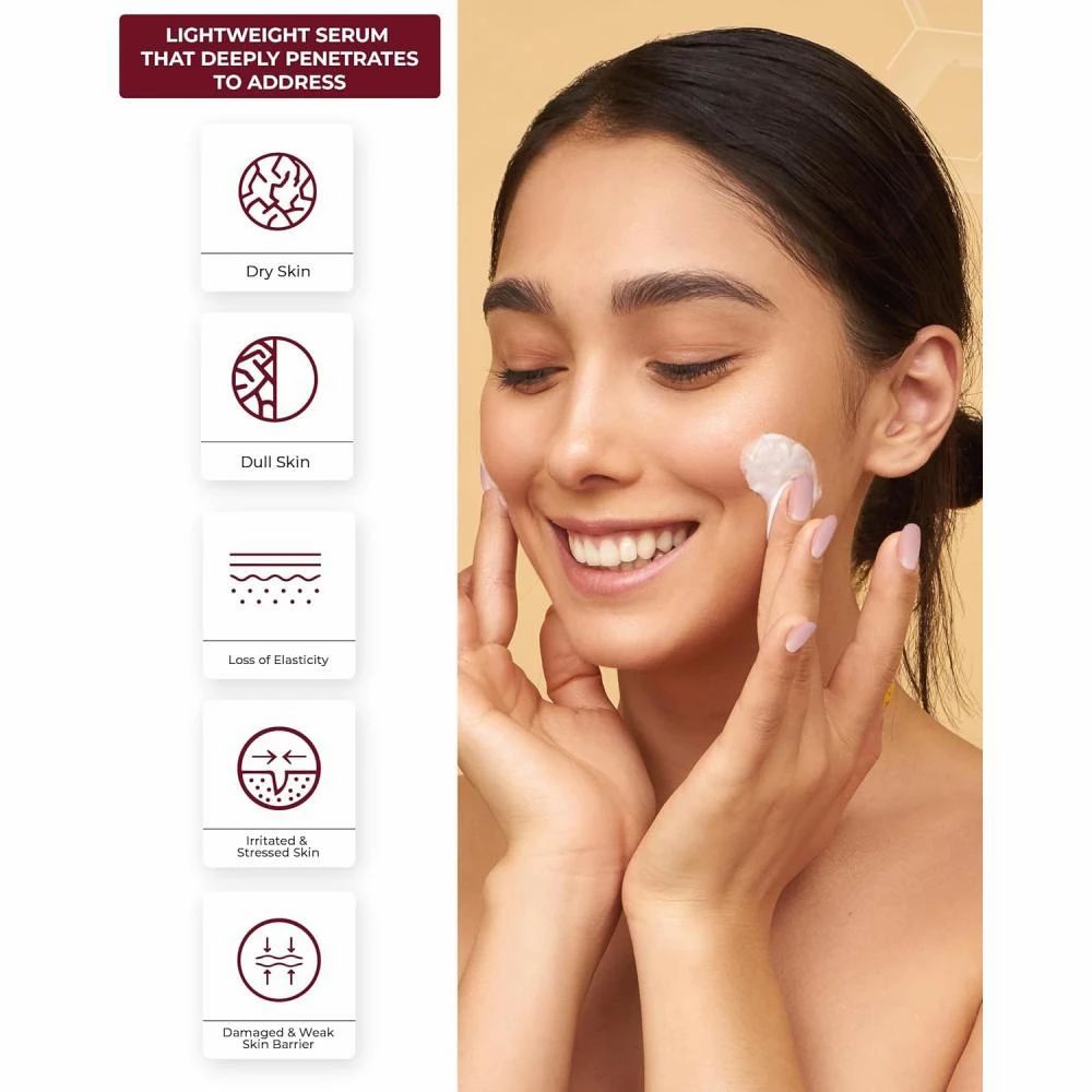 Donna che applica il siero. Testo: 'Siero leggero che penetra in profondità'. Simboli per problemi della pelle.