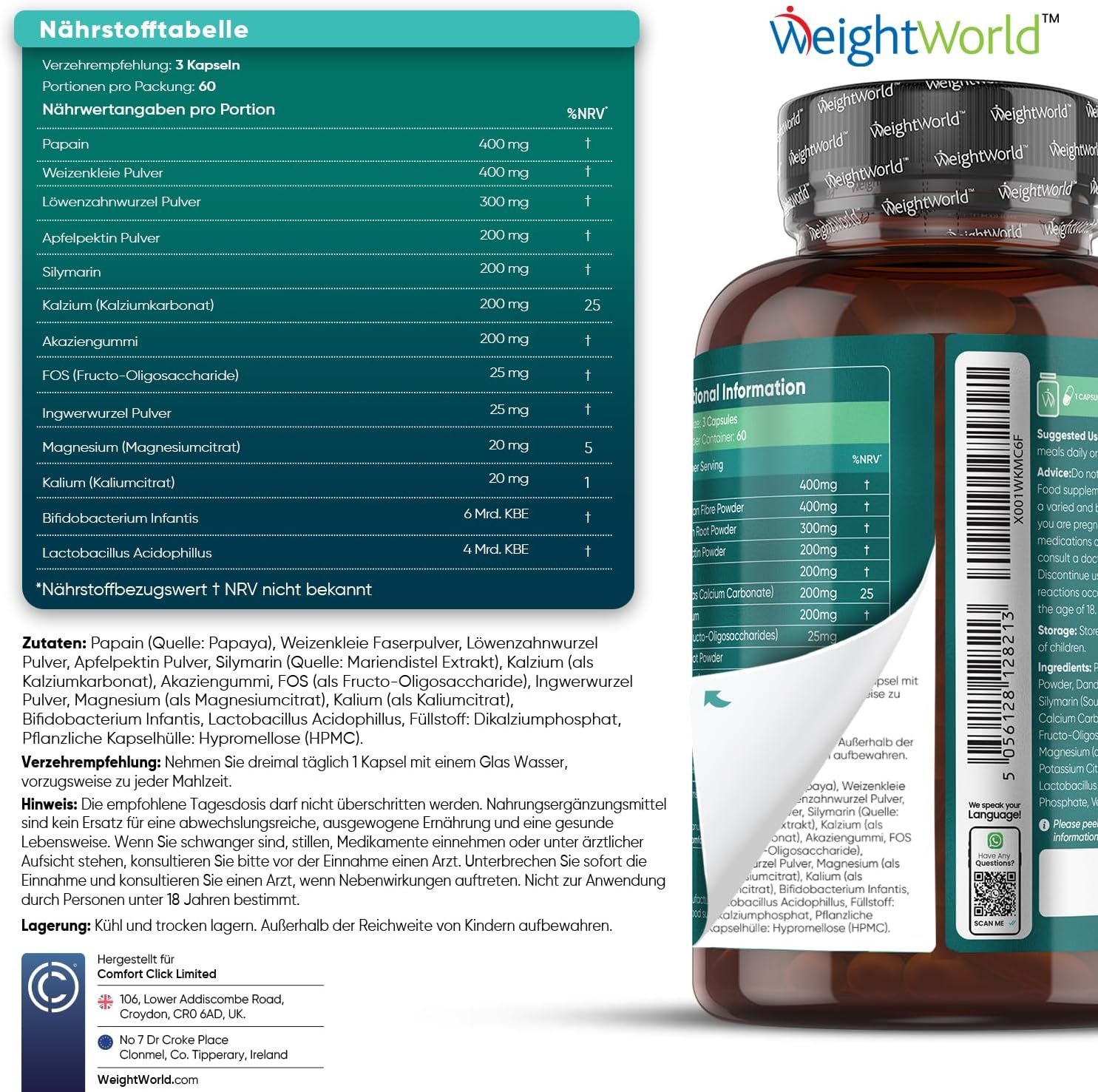 Tabella nutrizionale ed elenco ingredienti. Flacone di Detox Kur. Testo: Integratore alimentare. Consigli per l'uso.