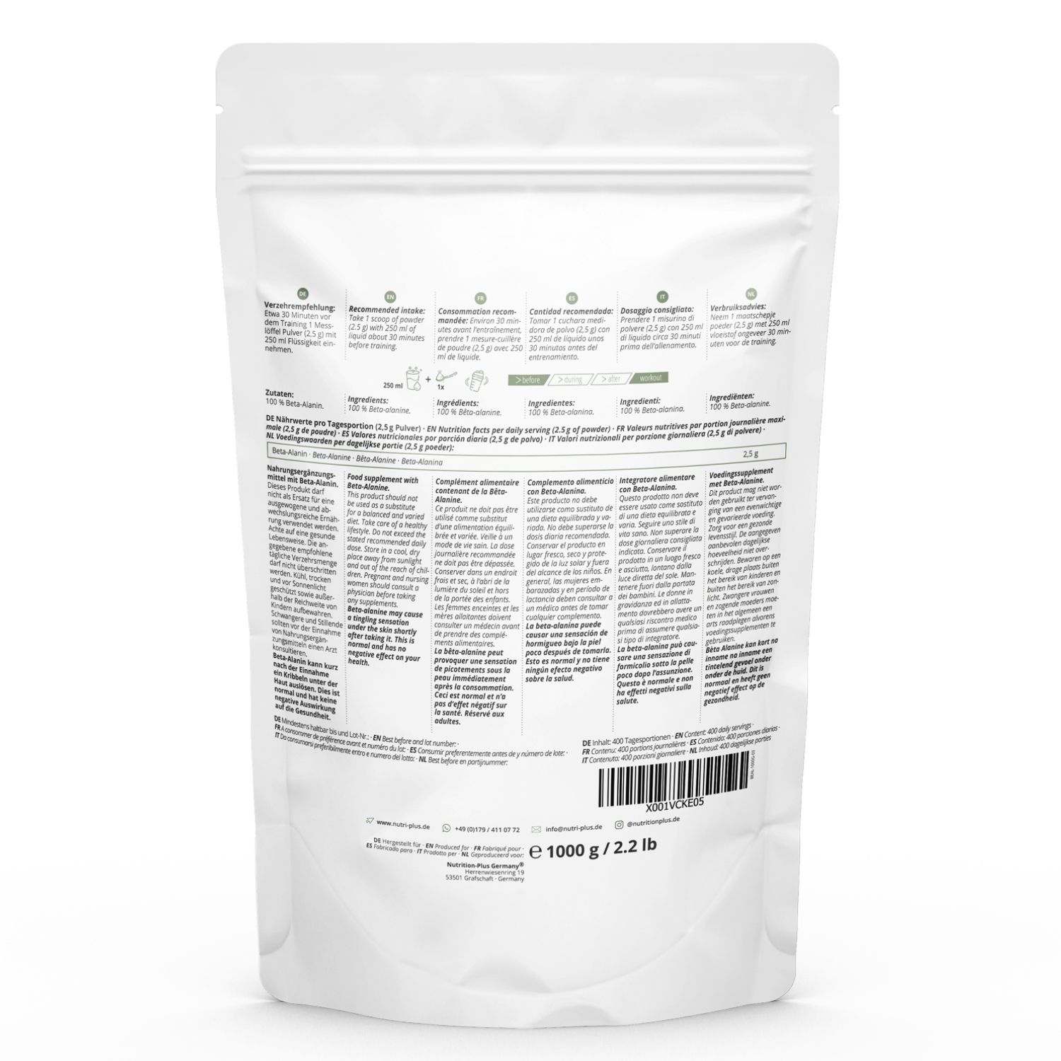 Confezione bianca con testo. Retro con informazioni in più lingue. Contiene 1000 g/2,2 lb.