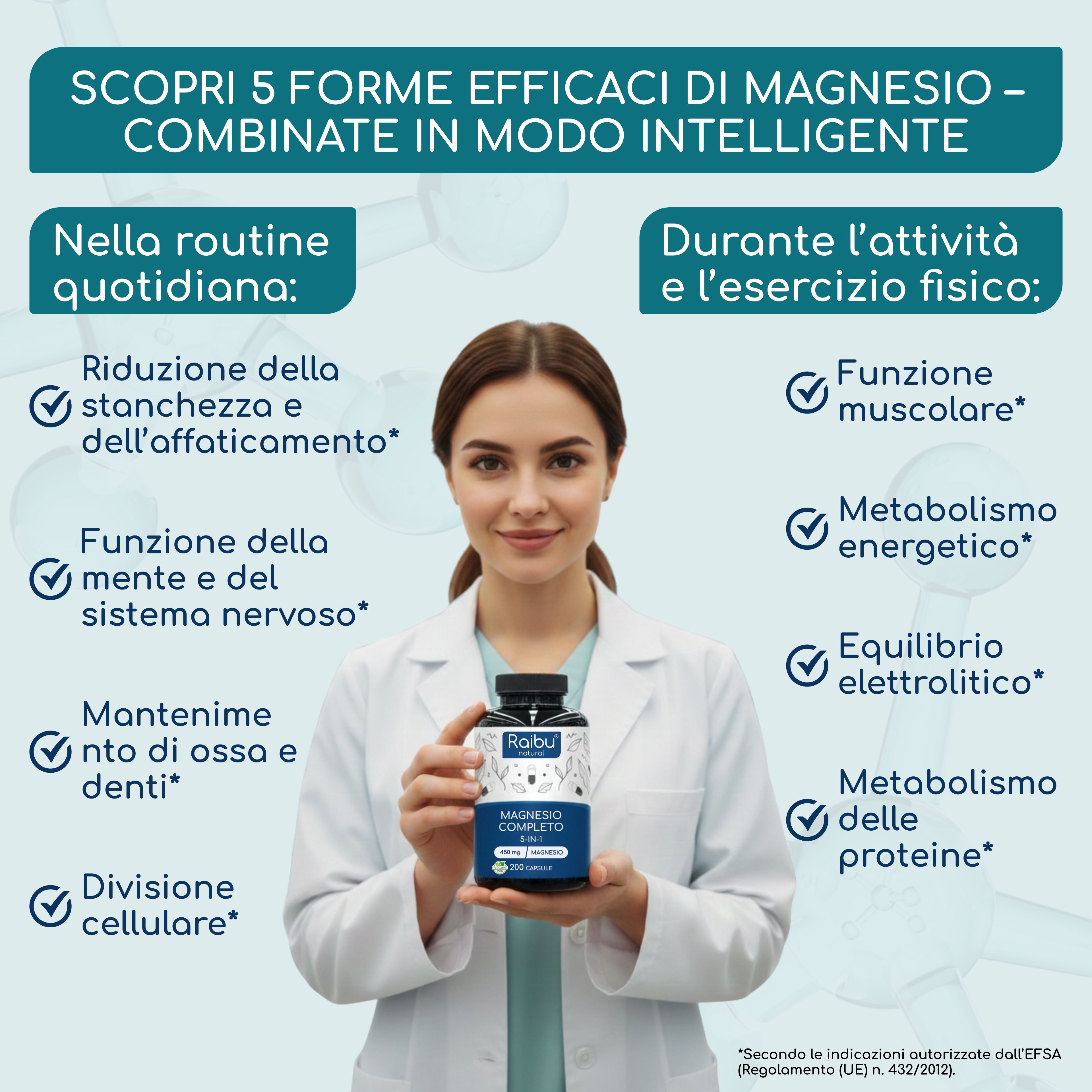 Donna con flacone del prodotto. Testo: Raibu, Magnesium Komplex, 200 capsule. Testo sull'uso e i vantaggi. Senza lattosio, glutine, zucchero.