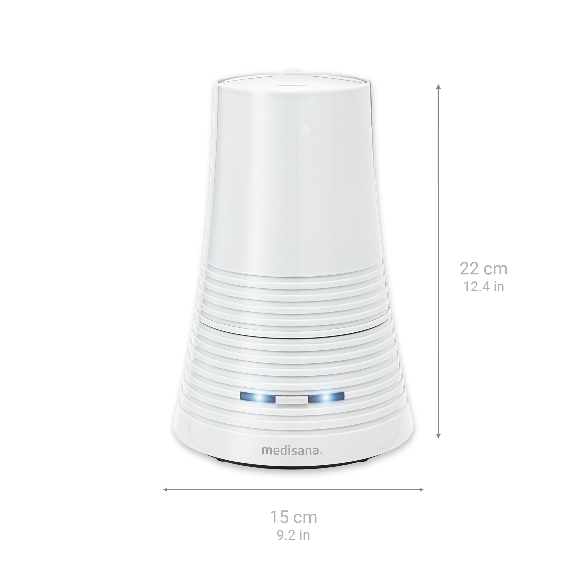 Umidificatore bianco con superficie scanalata. Dimensioni: 22 cm di altezza, 15 cm di larghezza. Luci blu alla base. Scritta "medisana".