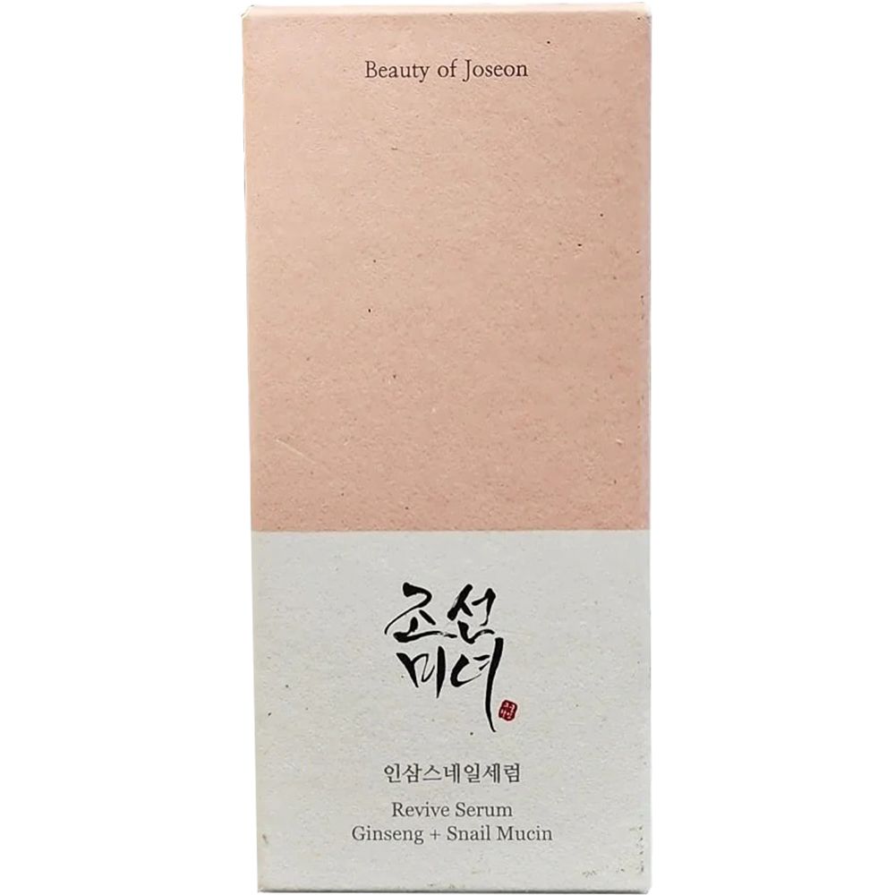 Confezione in cartone con nome del prodotto e scritta coreana. Beauty of Joseon. Revive Serum Ginseng + Snail Mucin.