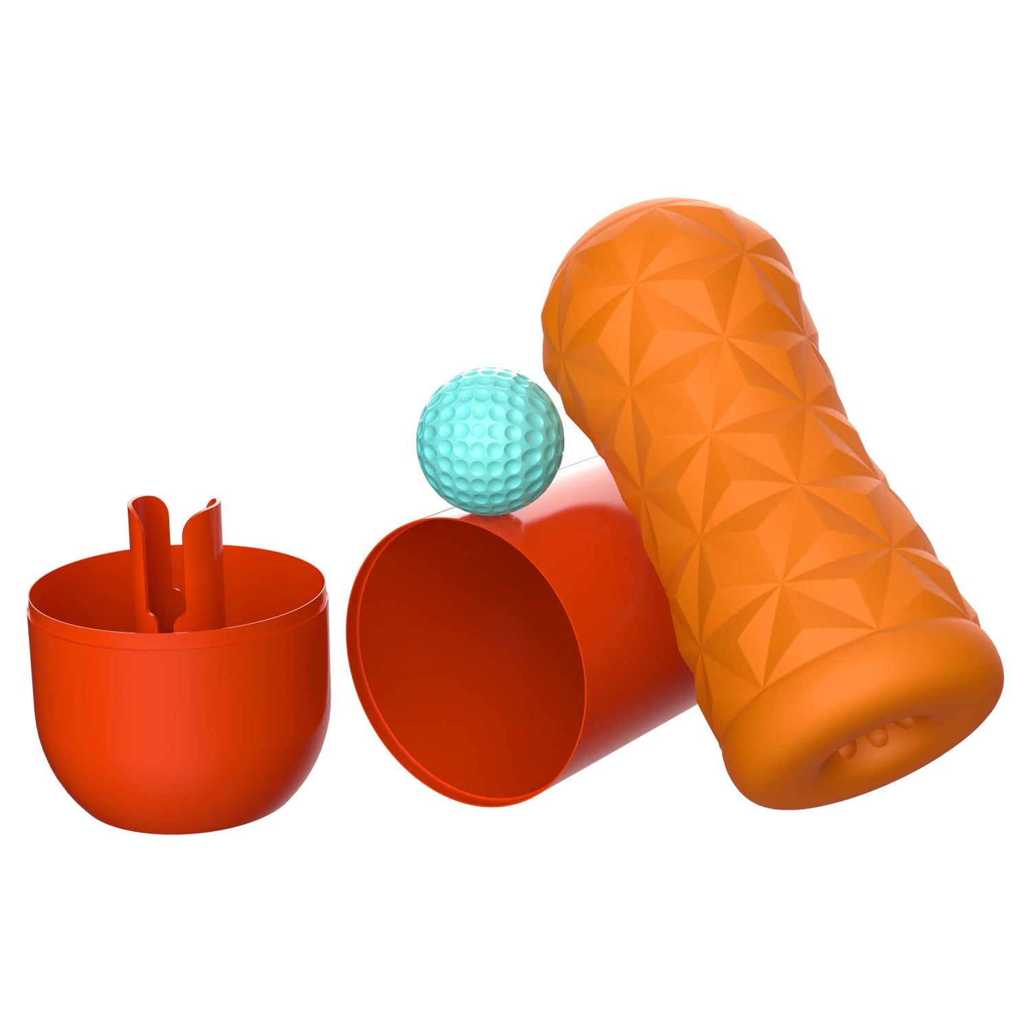 Tre elementi: contenitore rosso, masturbatore, sfera blu. Su sfondo bianco.