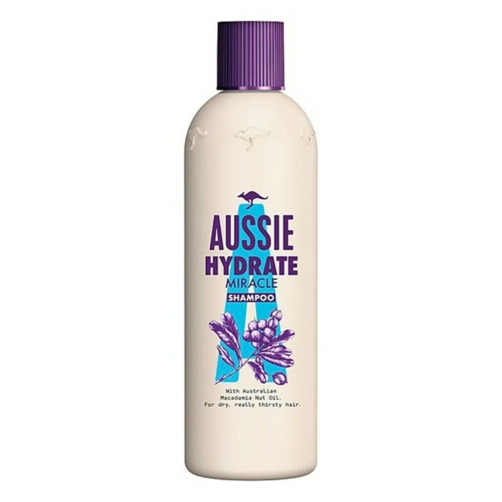 Flacone di shampoo beige con tappo viola. Scritta: Aussie Hydrate Miracle Shampoo. Con olio di noci di macadamia australiane.
