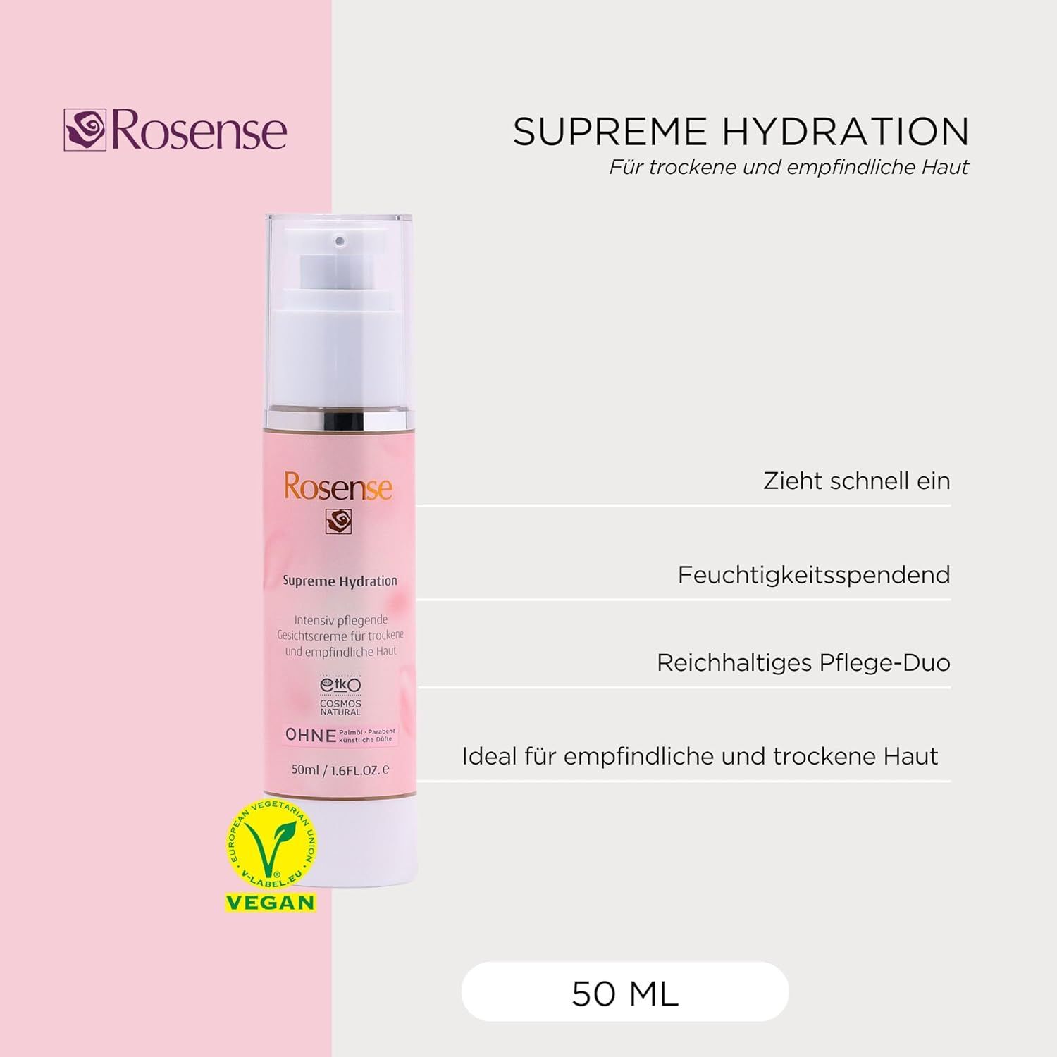Crema Rosense Supreme Hydration. Flacone rosa con nome e logo del prodotto. Sigillo vegano. 50 ml. Per pelli secche e sensibili.