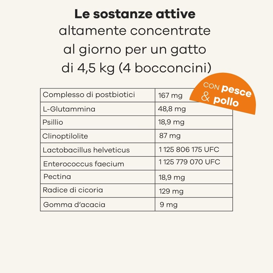 Tabella ingredienti per Treatsy Probiotici. Elenco ingredienti e quantità.