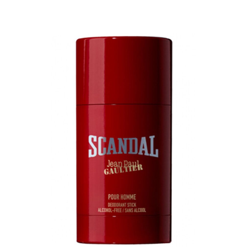 Stick deodorante rosso. Scritte: SCANDAL, Jean Paul Gaultier, POUR HOMME, Deodorant Stick, ALCOHOL-FREE / SANS ALCOOL.