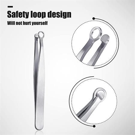 Pinzetta in acciaio inox con punte arrotondate e anello per un uso sicuro.