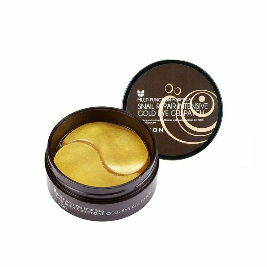 Barattolo aperto con patch gel per occhi dorati. Scritta: Multi Function Formula, Snail Repair Intensive Gold Eye Gel Patch, Mizon. Sfondo marrone.