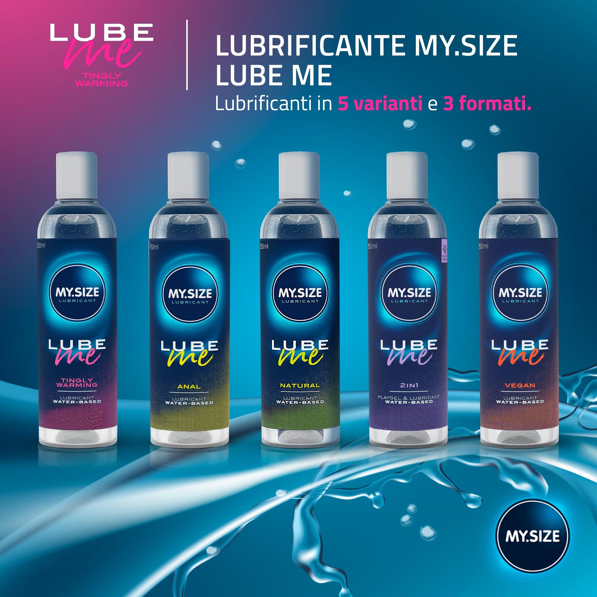 Cinque gel lubrificanti MY.SIZE Lube Me: Tingly Warming, Anal, Natural, 2-in-1, Vegan.