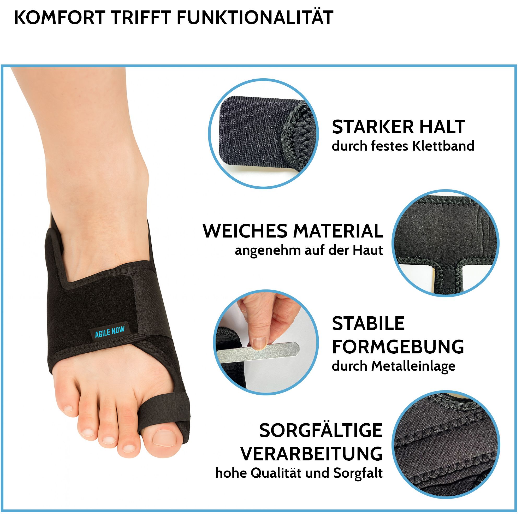 Tutore Hallux Valgus nero. Chiusura in velcro, materiale morbido, inserto metallico. Testo: AGILE NOW.
