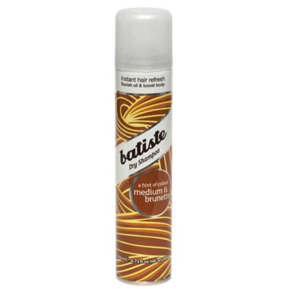 Spray shampoo secco Batiste. Marrone medio e castano. Tonalità marroni. Testo: Un tocco di colore.