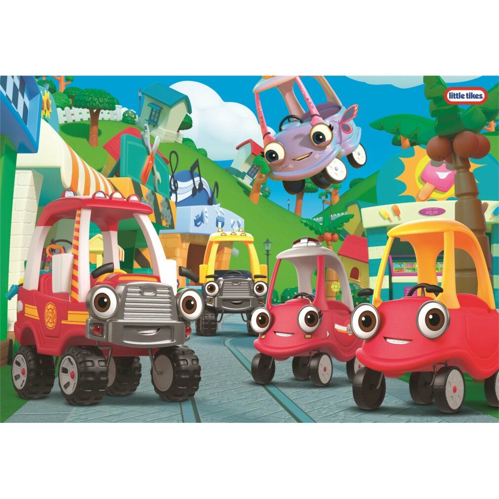 Puzzle Clementoni Little Tikes maxi 24 pezzi. Immagine di auto. Scritta: Little Tikes. Auto di diversi colori, davanti a case.
