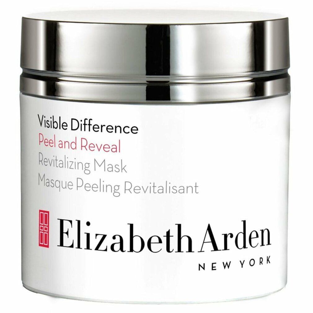 Vaso bianco con coperchio argentato. Scritta: Visible Difference, Peel and Reveal, Revitalizing Mask. Logo e scritta Elizabeth Arden.