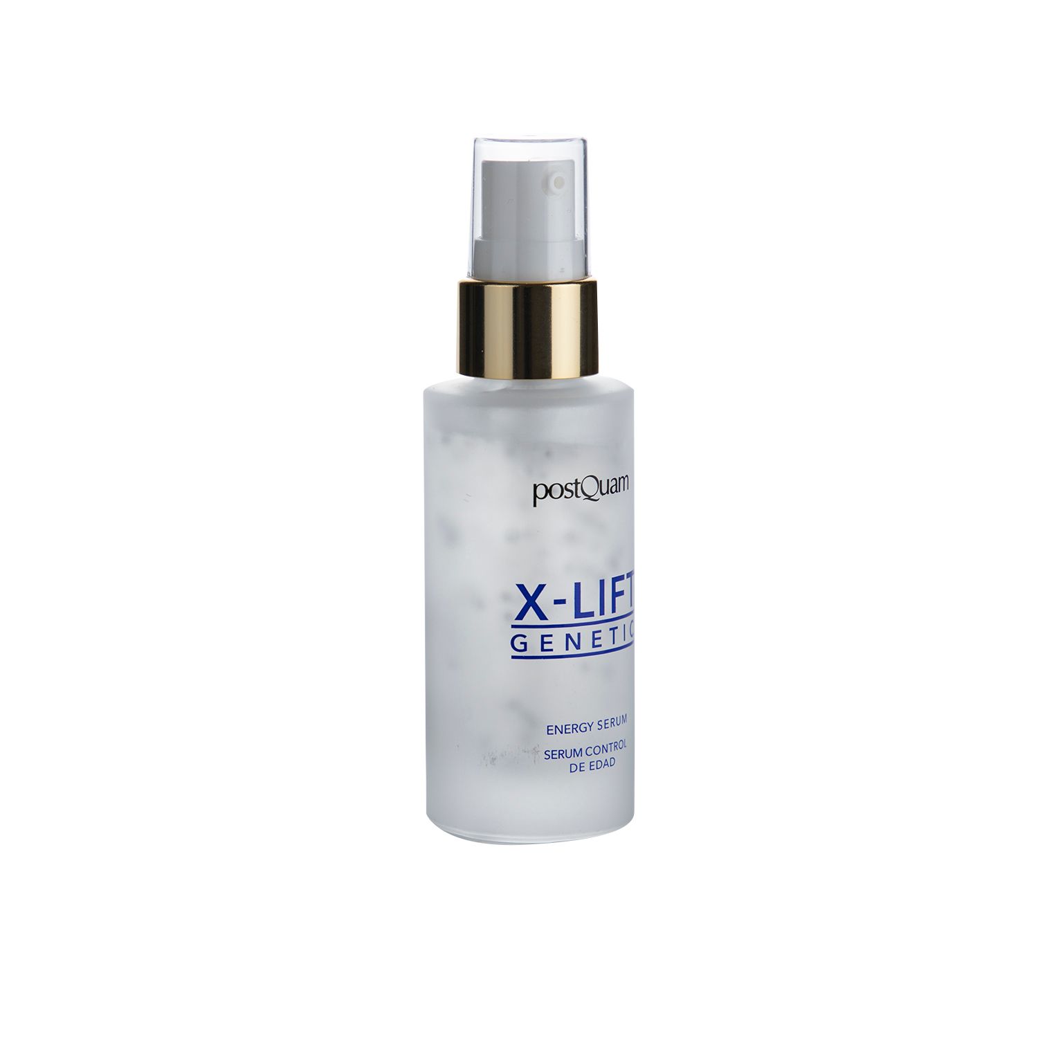 Flacone di siero con vaporizzatore. Scritta: X-Lift Genetic Energy Serum. Flacone trasparente con particelle bianche.