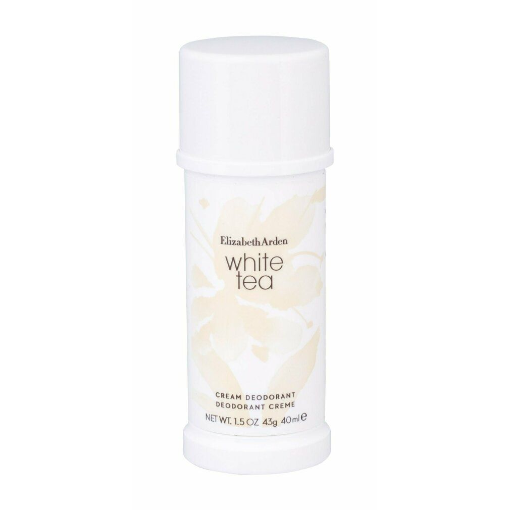 Stick crema deodorante bianco Elizabeth Arden. Coperchio e contenitore bianchi, motivo floreale e testo.