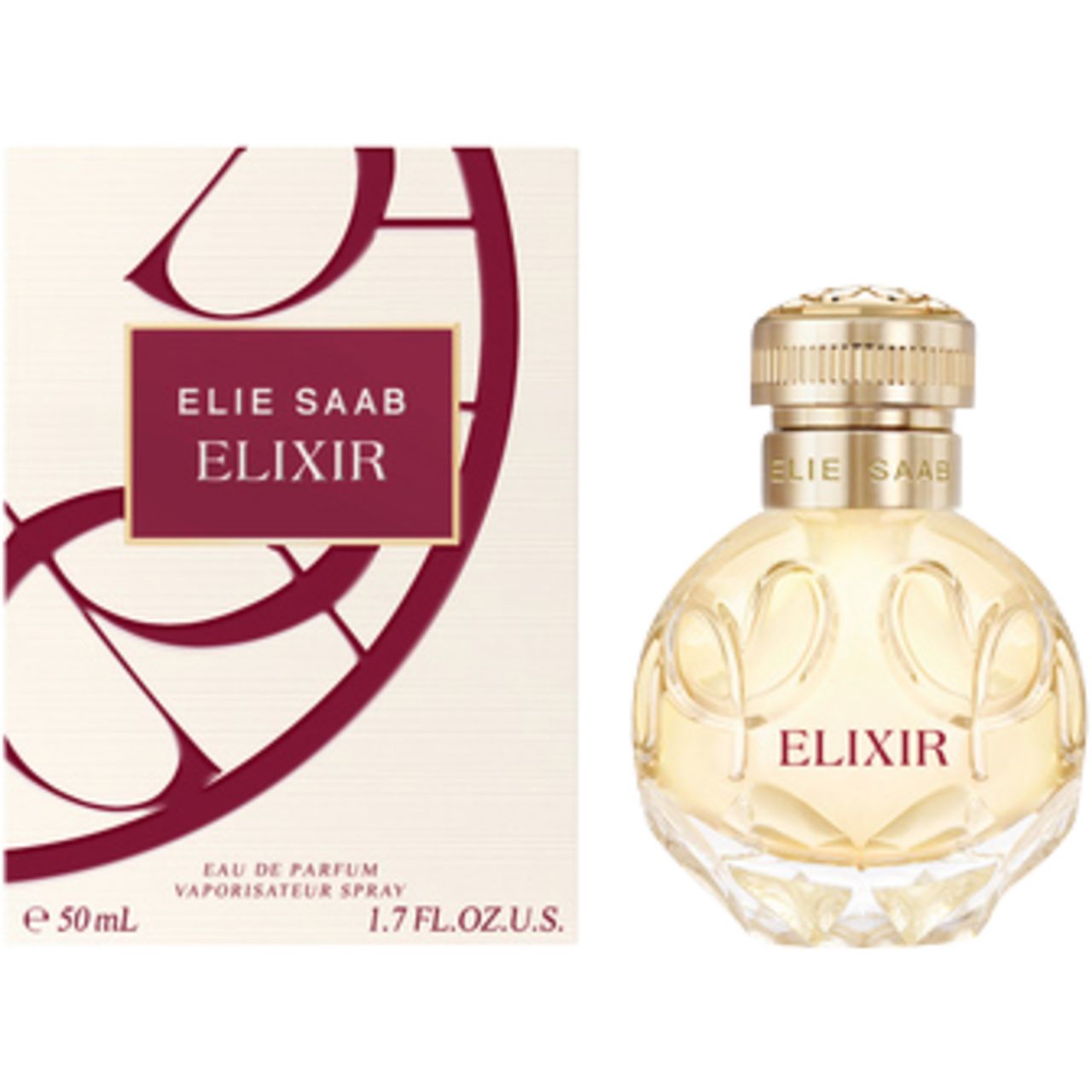 Flacone e confezione. Flacone rotondo, tappo dorato, scritta "ELIXIR" e "ELIE SAAB". Confezione bianca con logo.