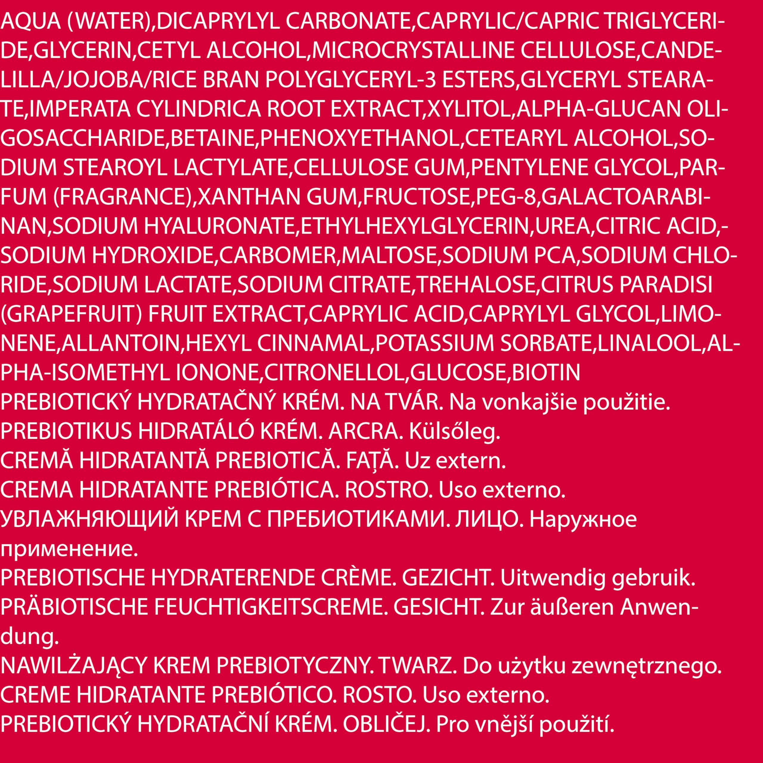 Testo con ingredienti e istruzioni per un prodotto per la cura della pelle. Contiene informazioni in diverse lingue, tra cui l'italiano.