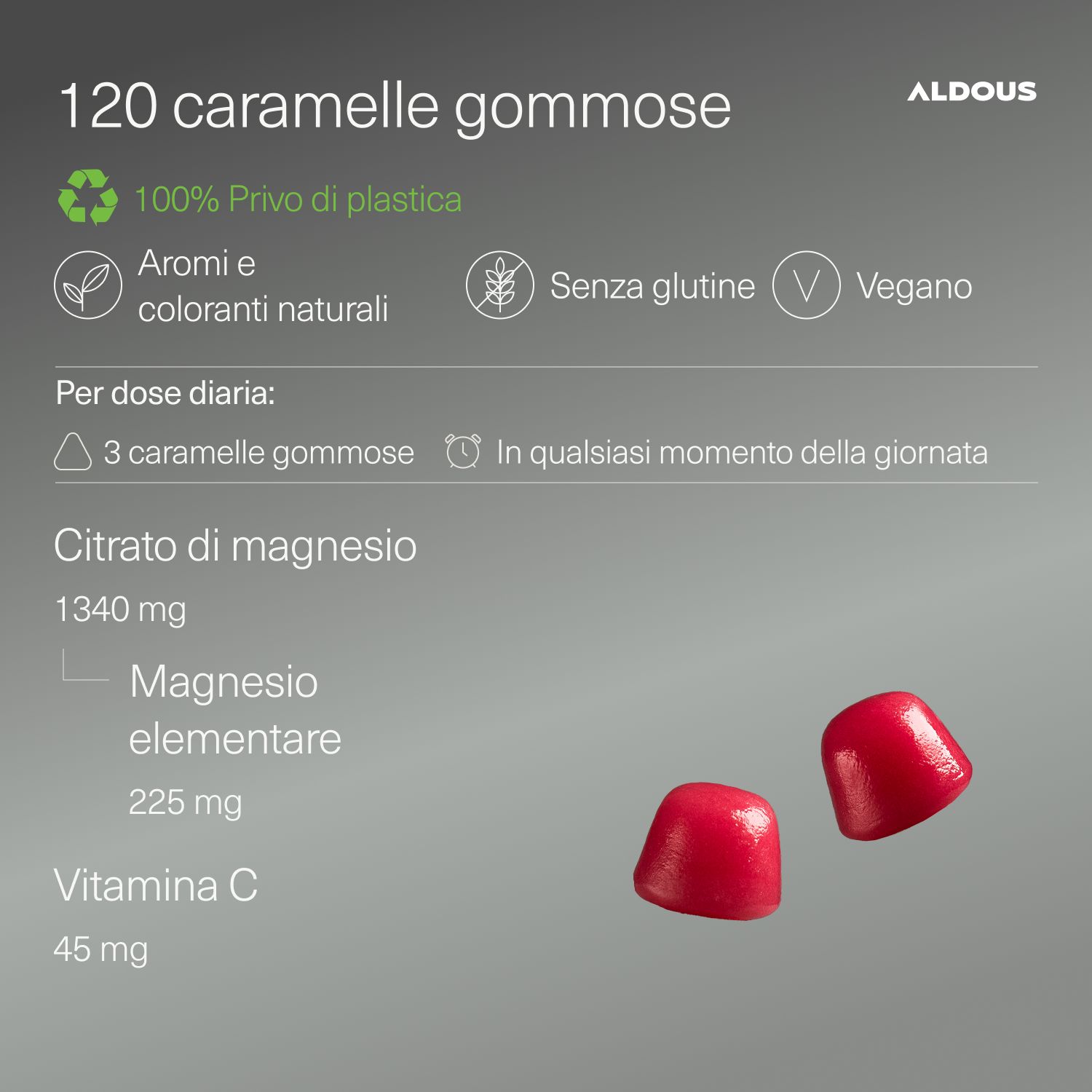 Aldous Magnesio Gummies: 120 caramelle, vegane, senza glutine, senza plastica.