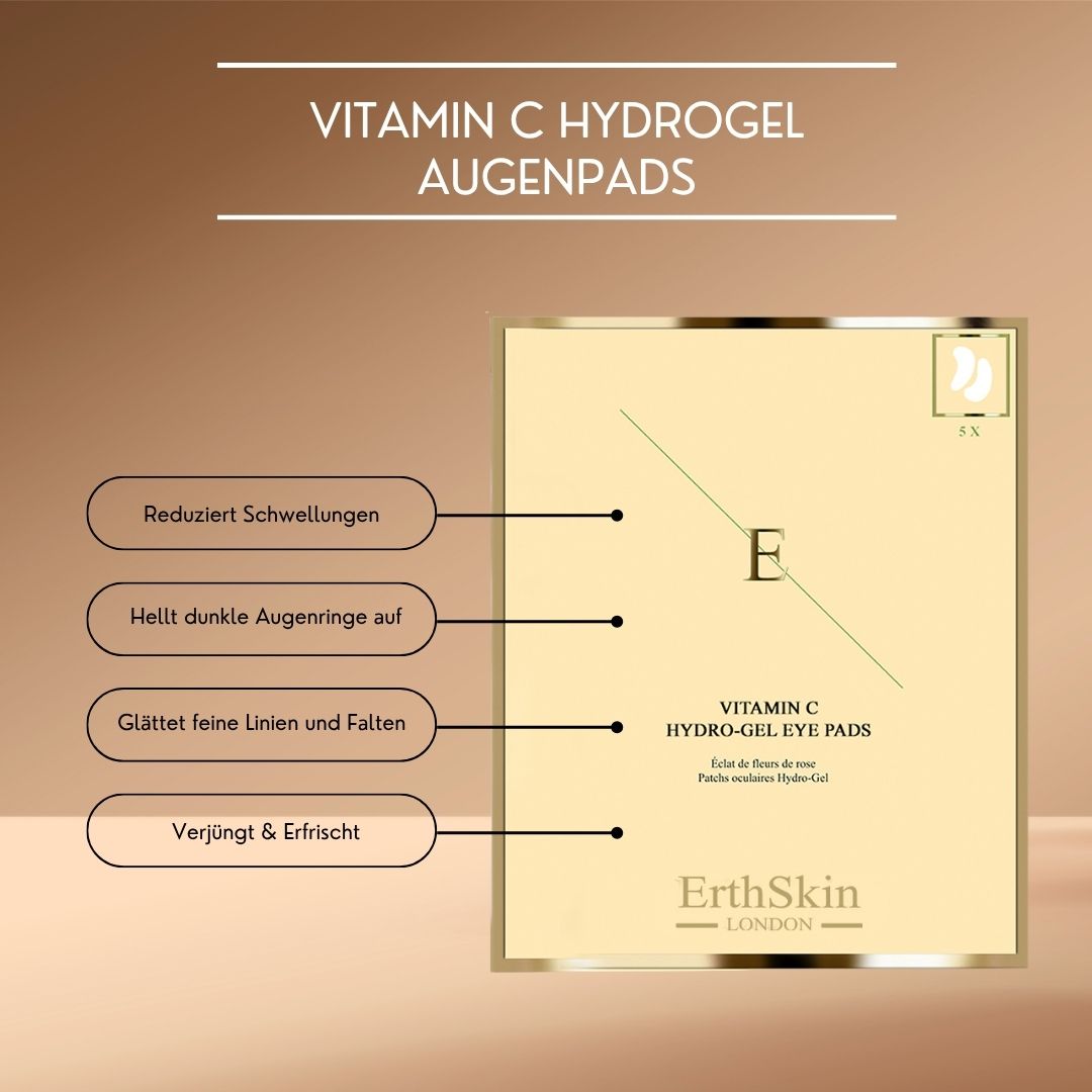 Confezione di patch per occhi. Scritta: Vitamin C Hydro-Gel Eye Pads. Marchio: ErthSkin London. Testo: Riduce il gonfiore, illumina le occhiaie, leviga linee sottili e rughe, ringiovanisce e rinfresca.