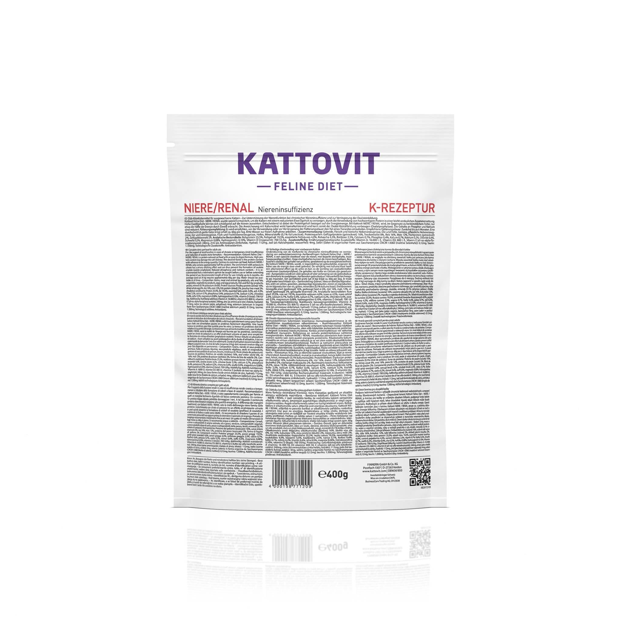 Sacchetto KATTOVIT FELINE DIET NIERE/RENAL K-REZEPTUR, 400g.