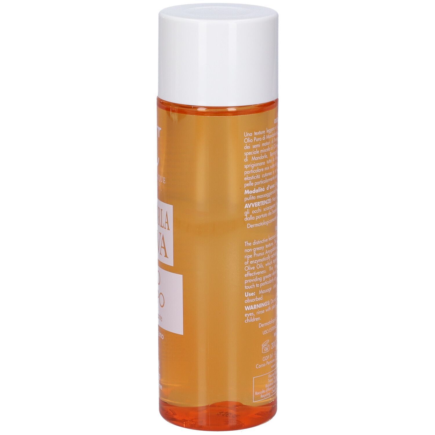 Flacone cilindrico con tappo bianco. Etichetta con testo in italiano. Liquido arancione.