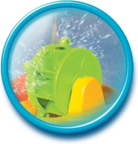 Vista dettagliata di una ruota idraulica verde con elementi gialli e arancioni. L'acqua schizza.