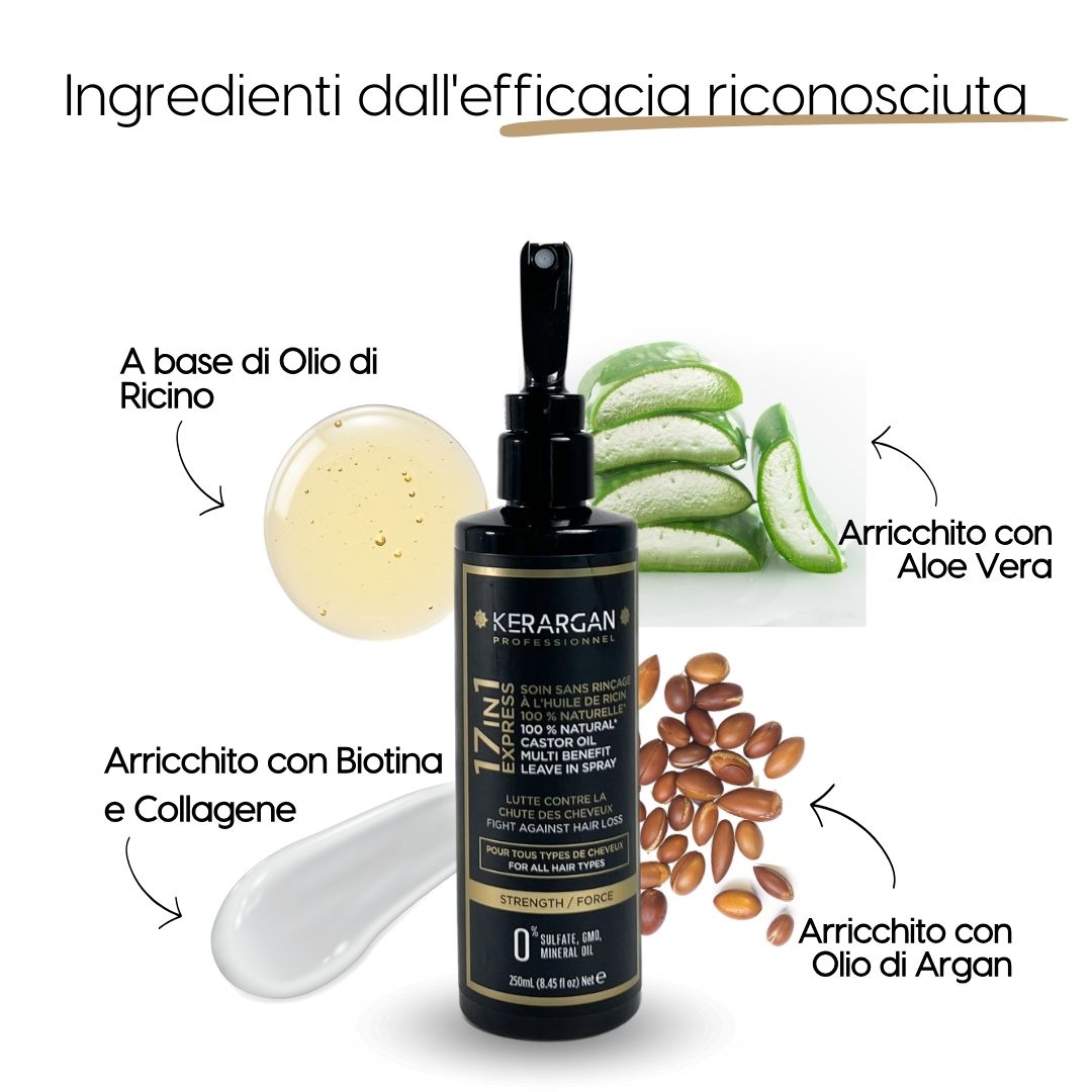 Flacone spray nero Kerargan 17in1, arricchito con olio di ricino, aloe vera, biotina, collagene e olio di argan.