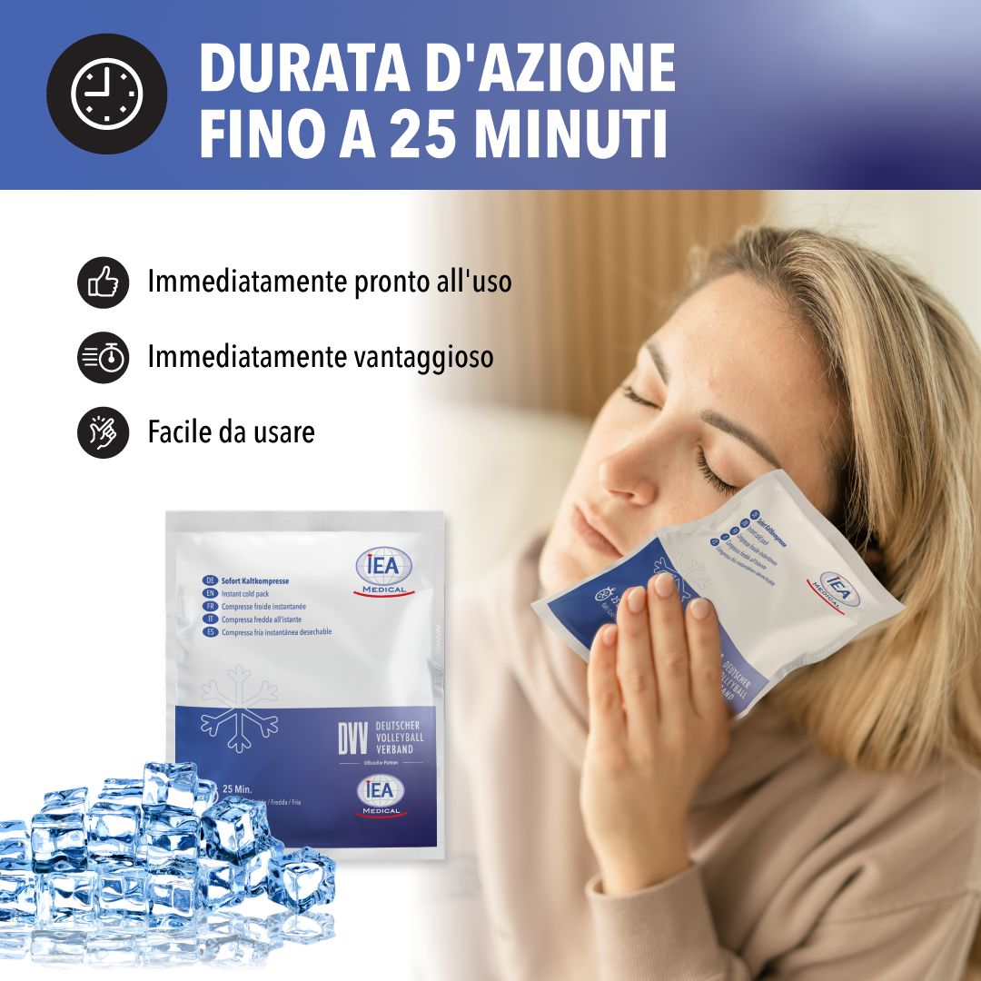 Donna con impacco freddo sul viso. Testo: Fino a 25 minuti di durata. Immagini: pronto all'uso, lenitivo, facile.
