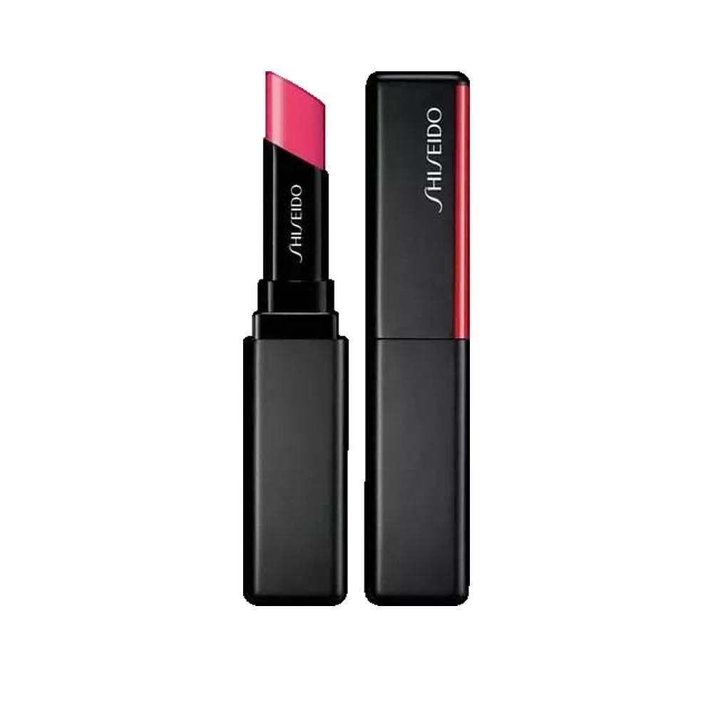 Rossetto rosa, aperto e chiuso. Astuccio nero con dettaglio rosso. Scritta SHISEIDO visibile.